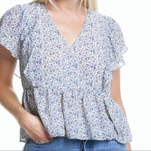 Madewell Georgette Ruffle Sleeve Peplum blouse faux wrap size Large  blue white